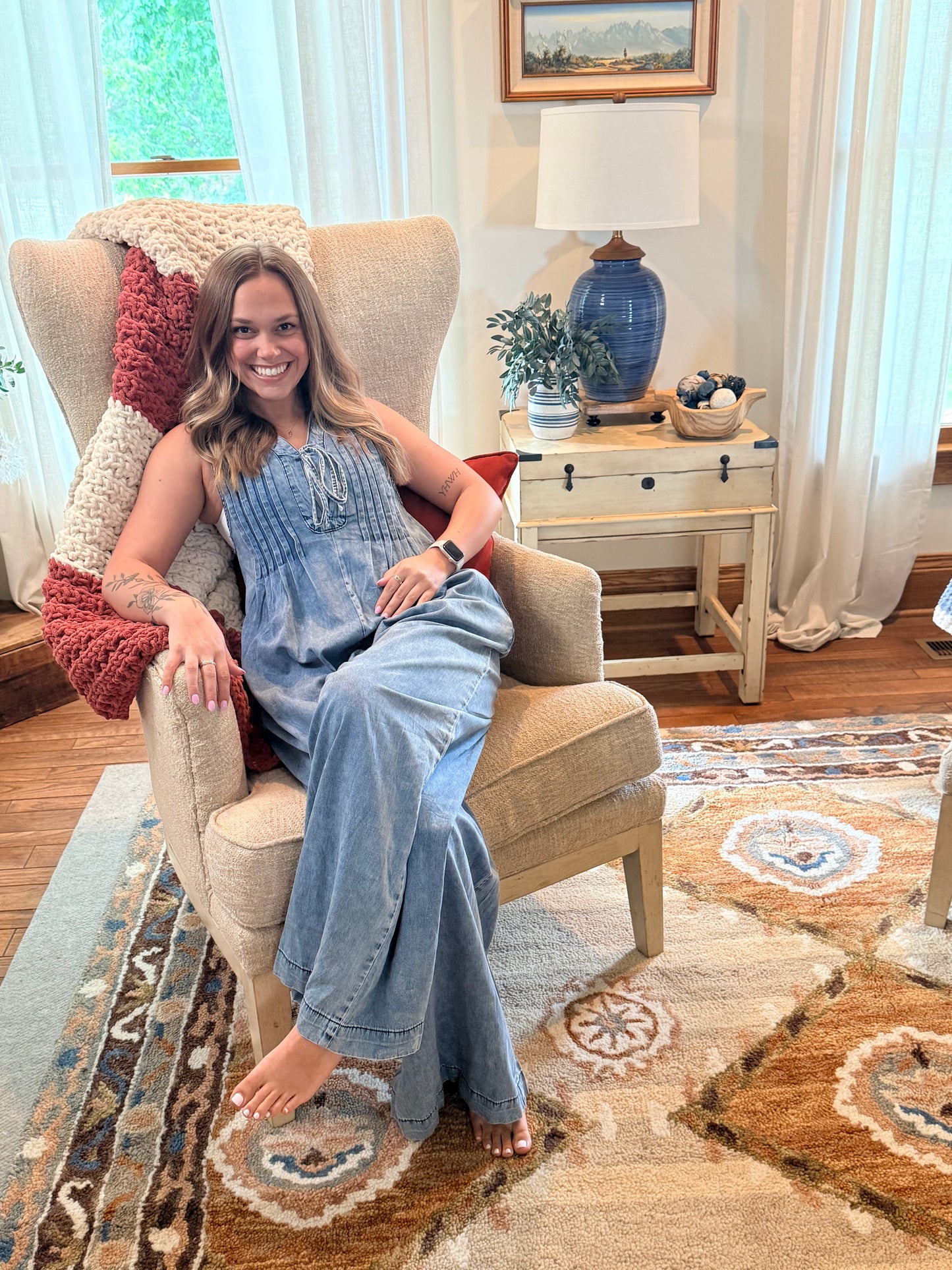 Solid Western Acid Wash Tie Neck Pintuck Wide Leg Jumpsuit