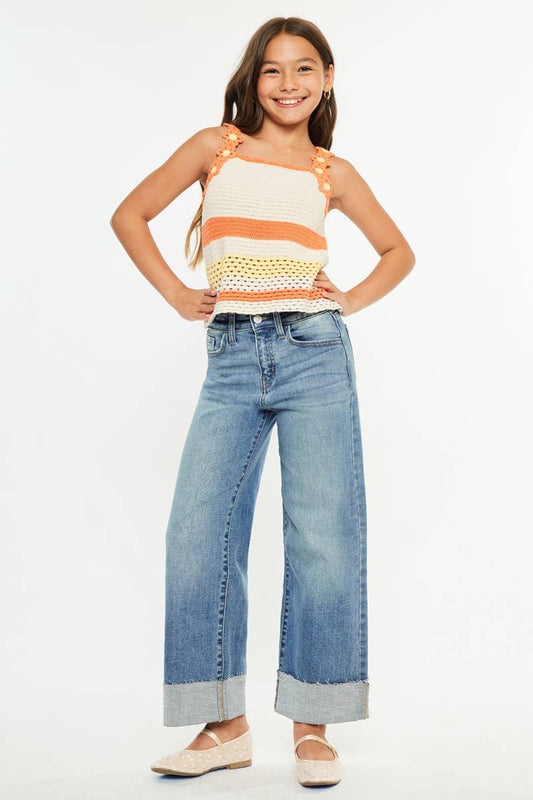 Kan Can girls High Rise Crop Wide Leg Jeans — Medium Wash