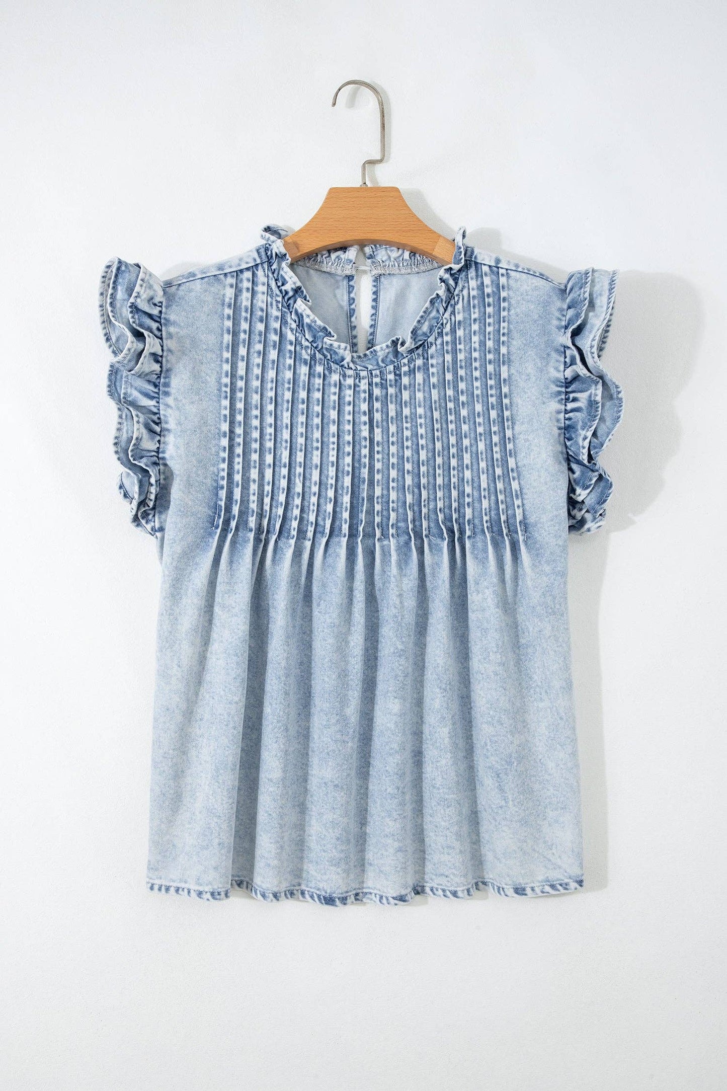 Denim Pleated Ruffle Sleeve Top