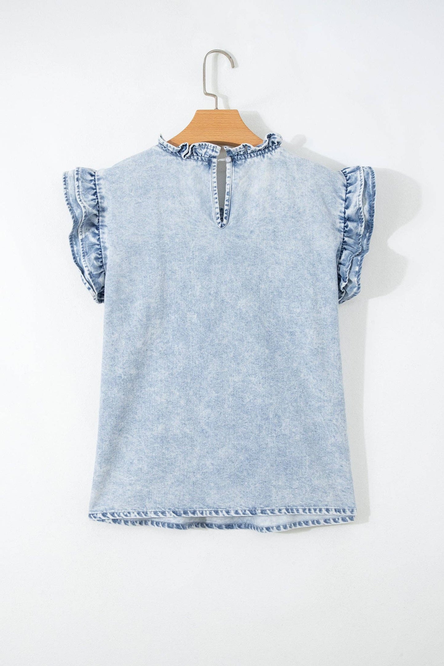 Denim Pleated Ruffle Sleeve Top