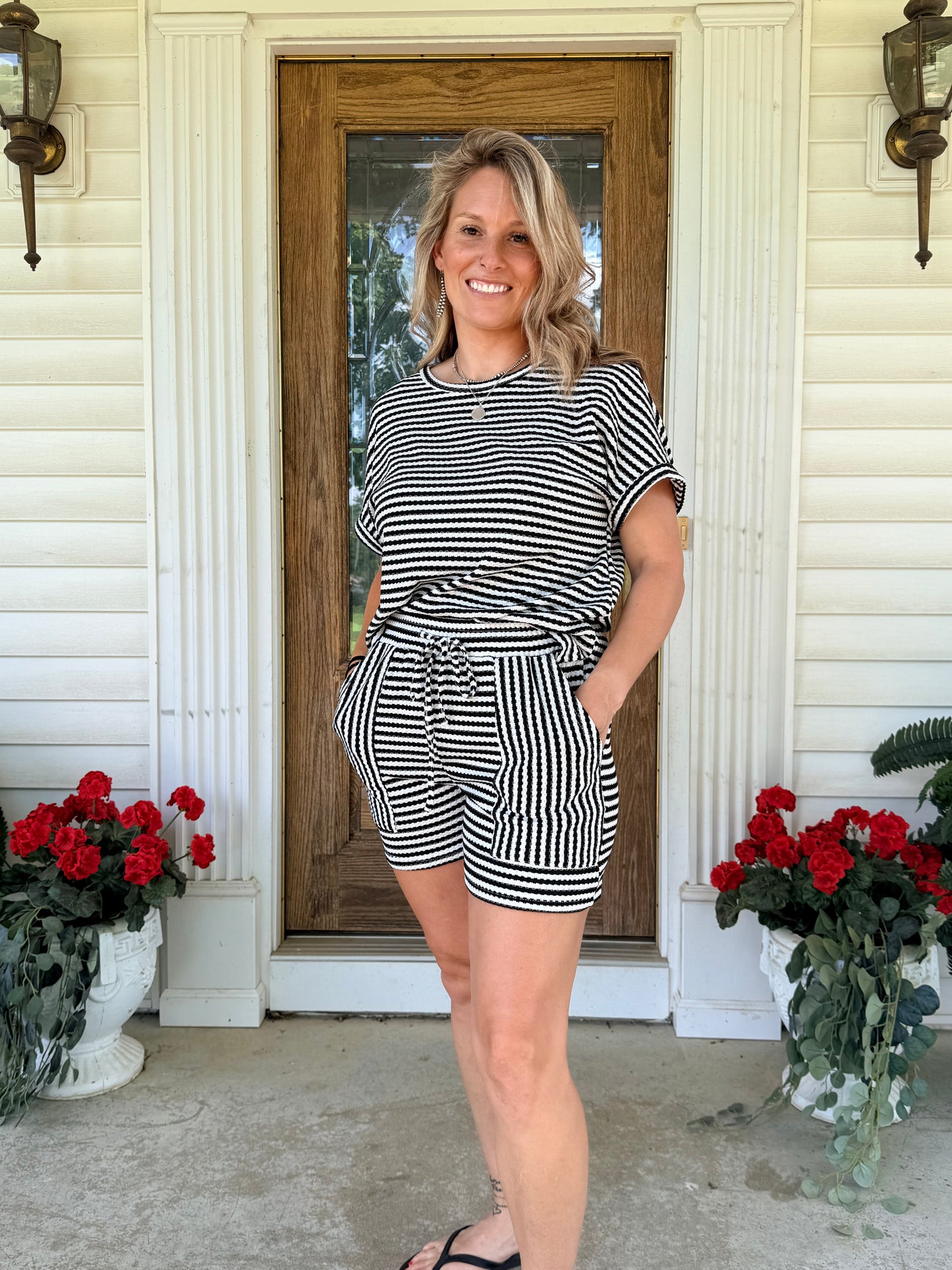 Stripe Textured Knit Top & Short Set