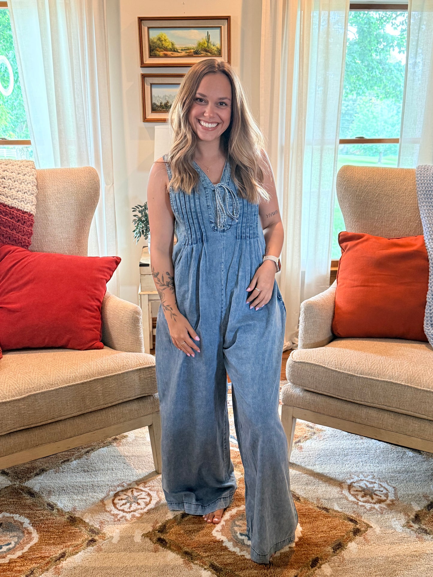Solid Western Acid Wash Tie Neck Pintuck Wide Leg Jumpsuit