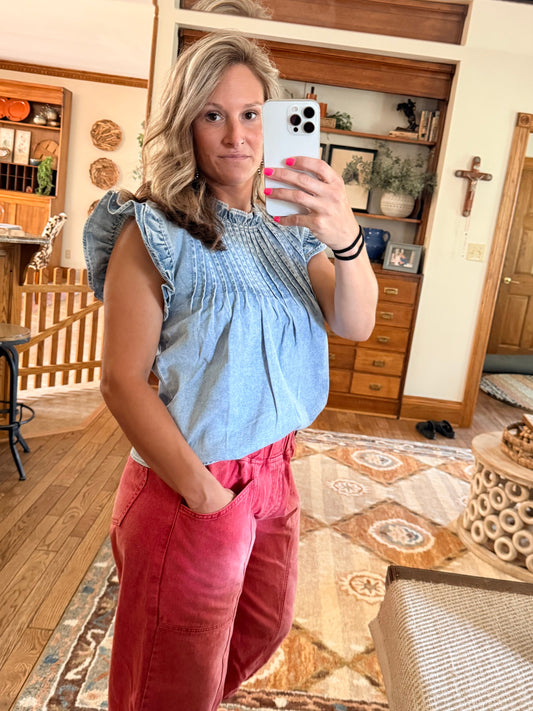 Denim Pleated Ruffle Sleeve Top