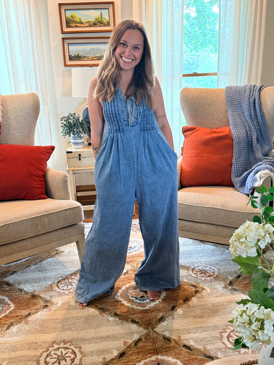 Solid Western Acid Wash Tie Neck Pintuck Wide Leg Jumpsuit