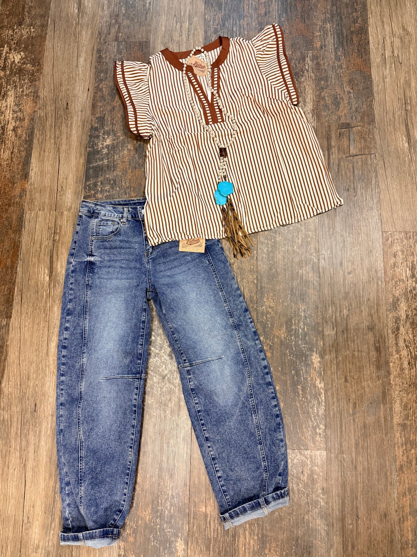 Khaki Stripe Double Ruffled Short Sleeve V Neck Blouse