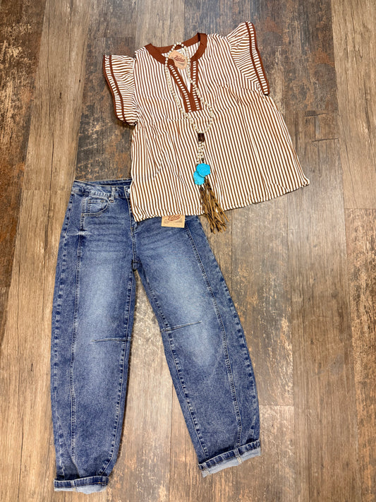 Khaki Stripe Double Ruffled Short Sleeve V Neck Blouse