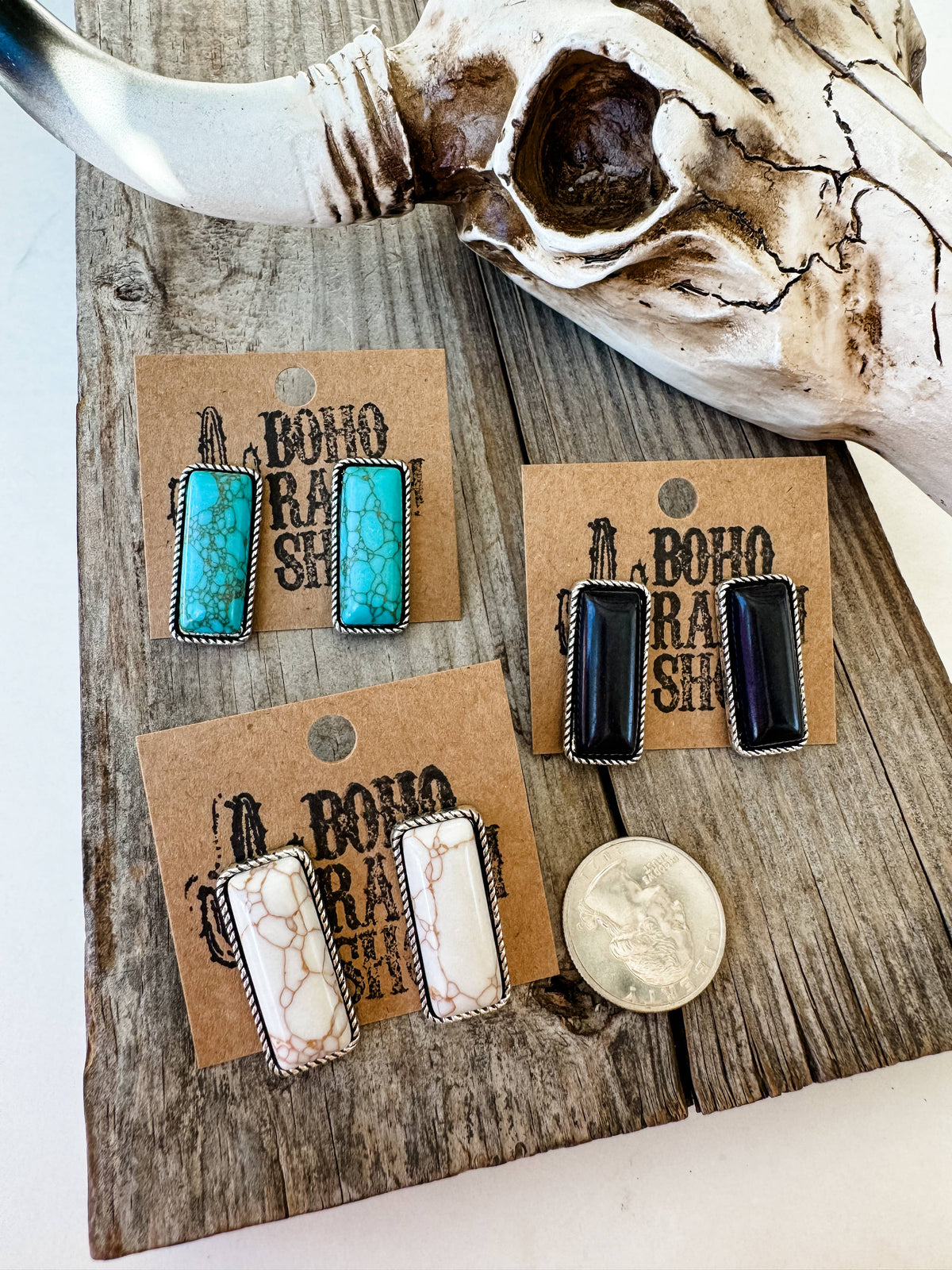 Rectangle Bar Earrings - WHITE STONE