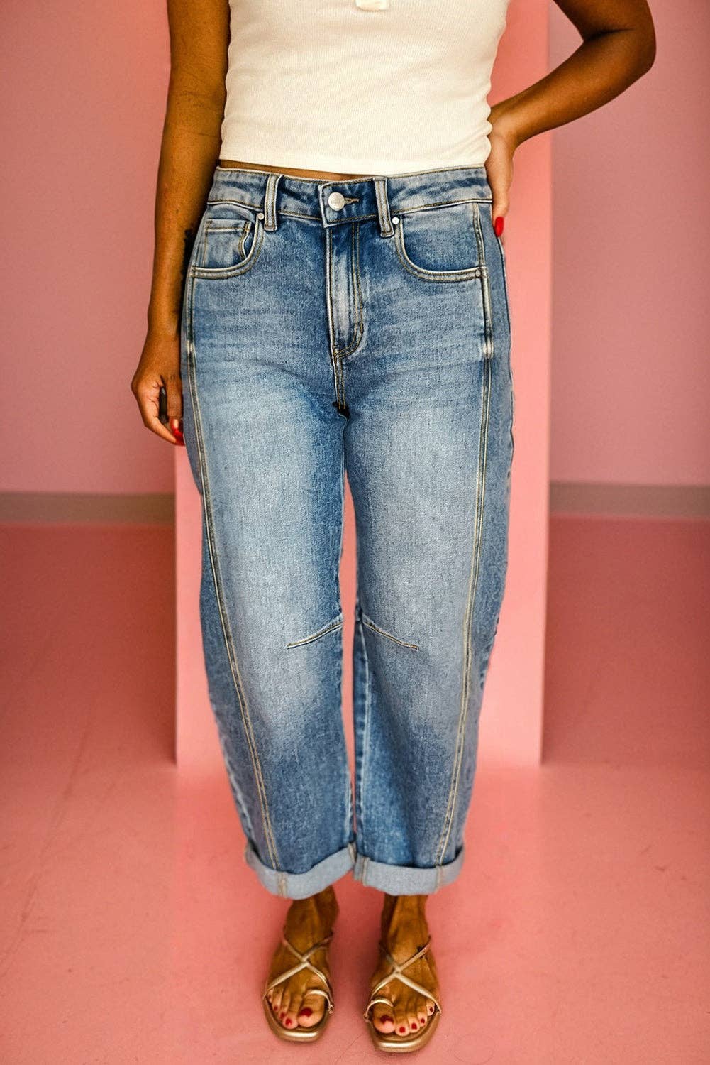 Vintage Washed Seam Detail stretchy barrel Jeans