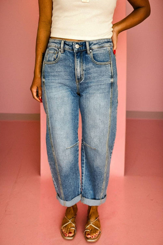 Vintage Washed Seam Detail stretchy barrel Jeans